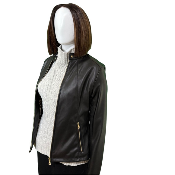 Calvin Klein Black Faux Leather Jacket with Smooth Finish and Leopard Lining - Picture 3 of 6